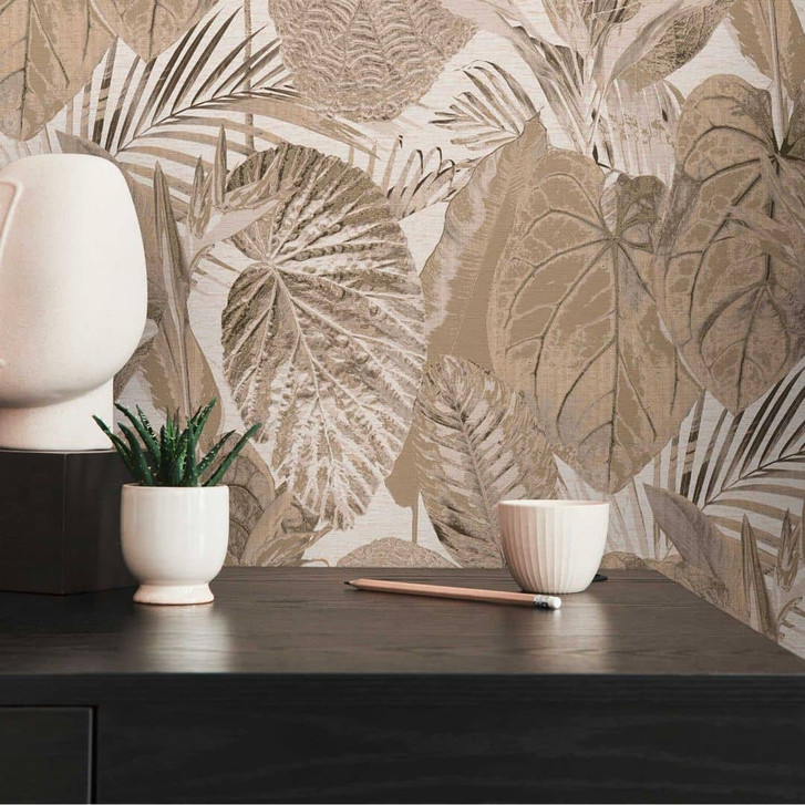 Dschungel-Tapete Ton in Ton Beige - Vliestapete floral mit Blättern - WA396719