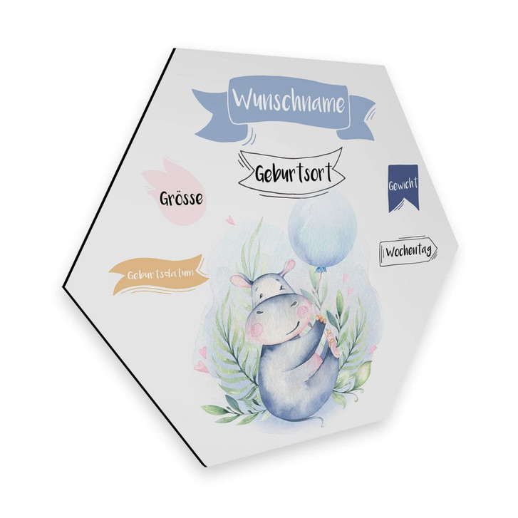 Hexagon - Alu-Dibond Kvilis - Flusspferd blauer Luftballon & Wunschtext - WA299573