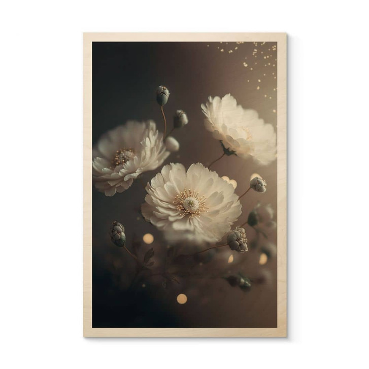 Holzbild Weisse Blumen mit Goldstaub - Treechild - WA495737