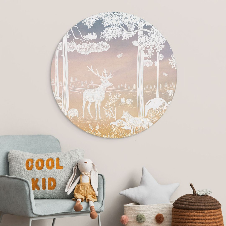 Rundes Wandbild Friedlicher Wald mit Hirschen und Füchsen - Ombre - Kikki Belle - Alu-Dibond - WA436846
