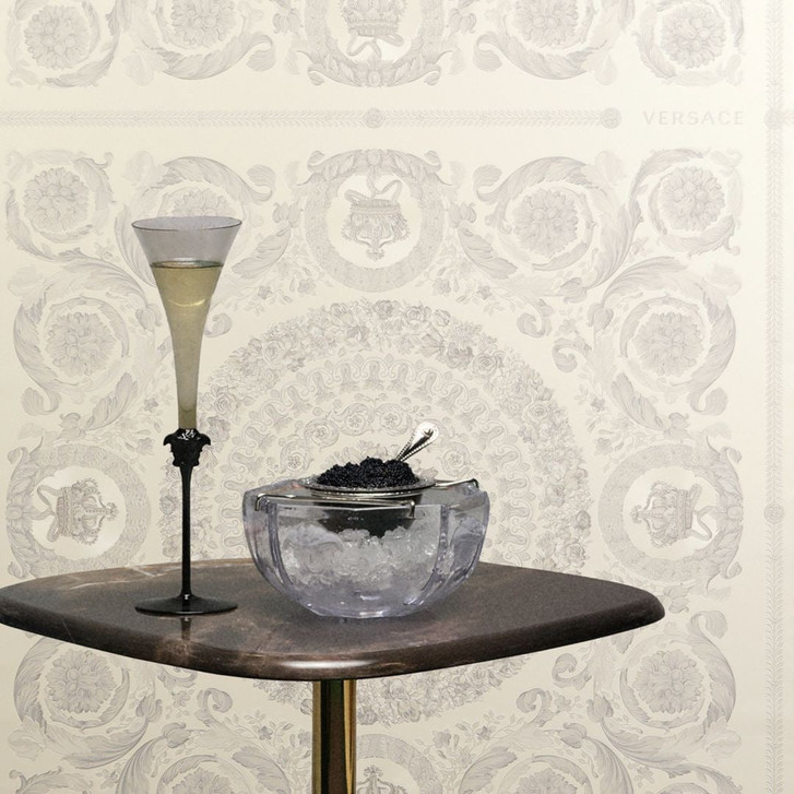 Versace Vliestapete Heritage Barock Medaillon Floral Weiss Grau luxuriös elegant - WA506914