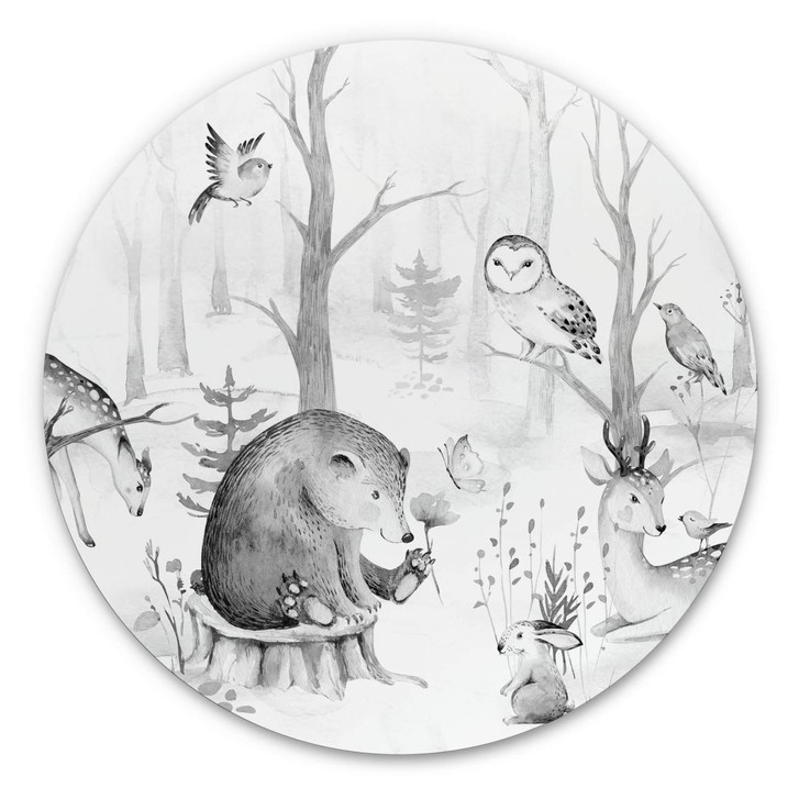 Alu-Dibond Kvilis - Tierfreunde im Wald schwarz-weiss - Rund - WA299151
