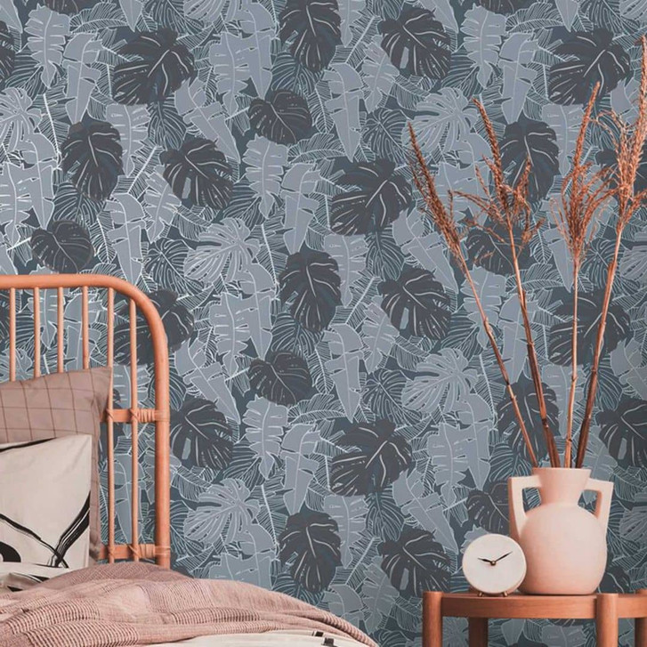 Palmentapete Grau Anthrazit - Vliestapete Dschungel - Designer Tapete Palmenblätter - WA395824