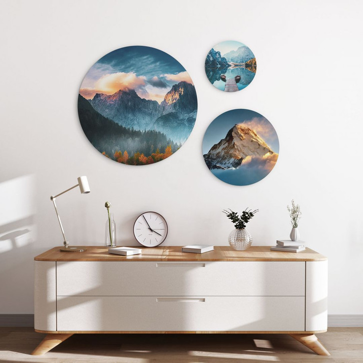 Rundes Wandbilder-Set Blick auf die ruhigen Berge (3-teilig) - Alu-Dibond - WA431535