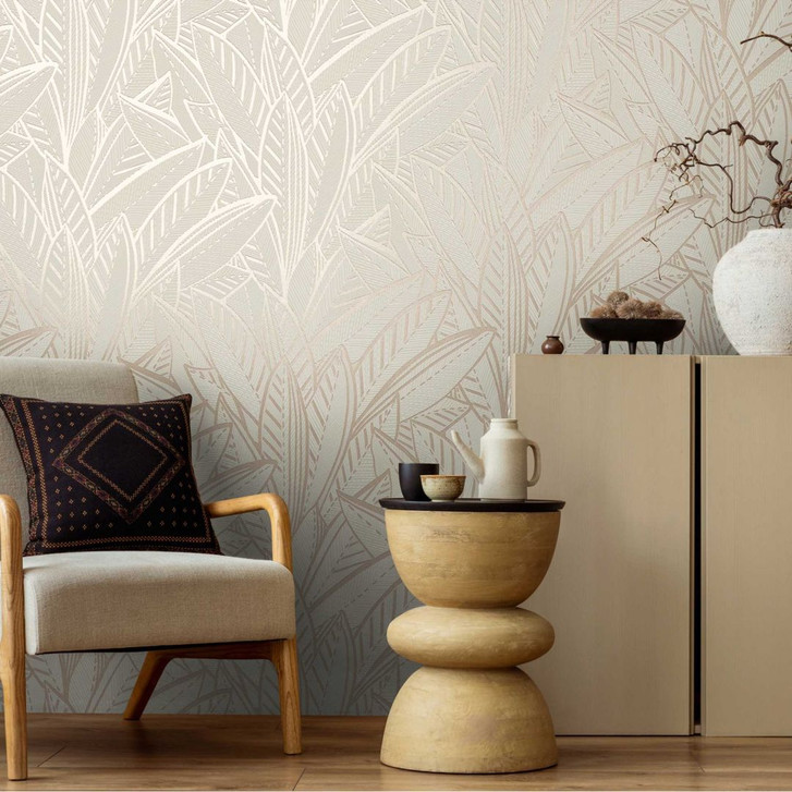 Dschungel-Tapete mit Blattmuster Creme Beige – Moderne Vliestapete dezent & elegant - WA456574