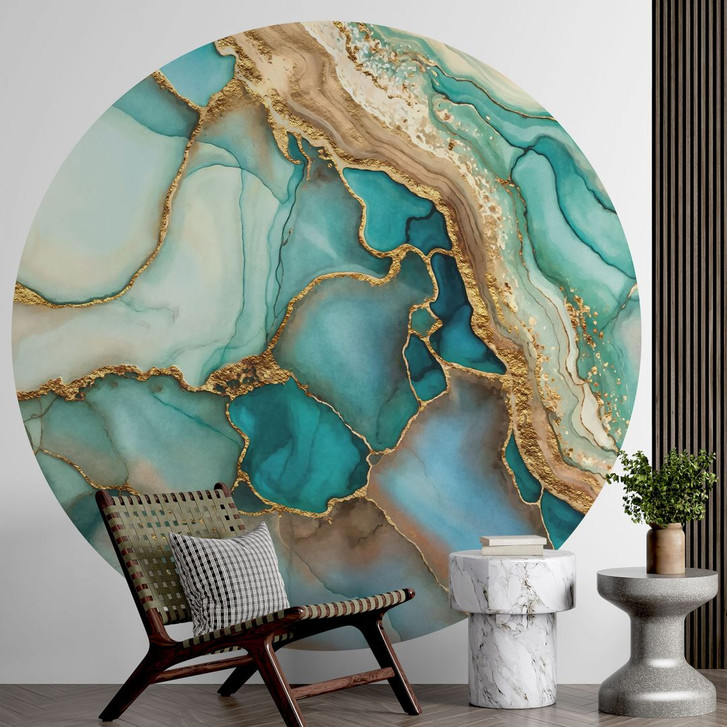 Fototapete Marmorierte Wellen in Türkis und Gold - Haase - Rund - Selbstklebend/Vlies - WA432138