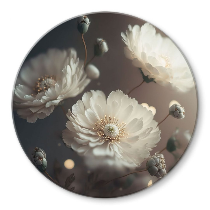 Glasbild Weisse Blumen mit Goldstaub - Treechild - Rund - WA495145