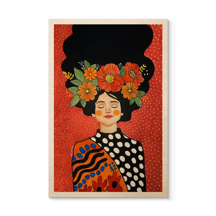 Holzbild Lächelnde Frau mit orangen Blumen - Hülya - WA495713