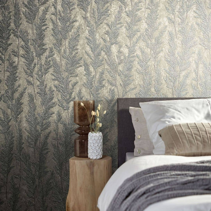 Vliestapete mit feinen Ästen platin Floral - WA508809
