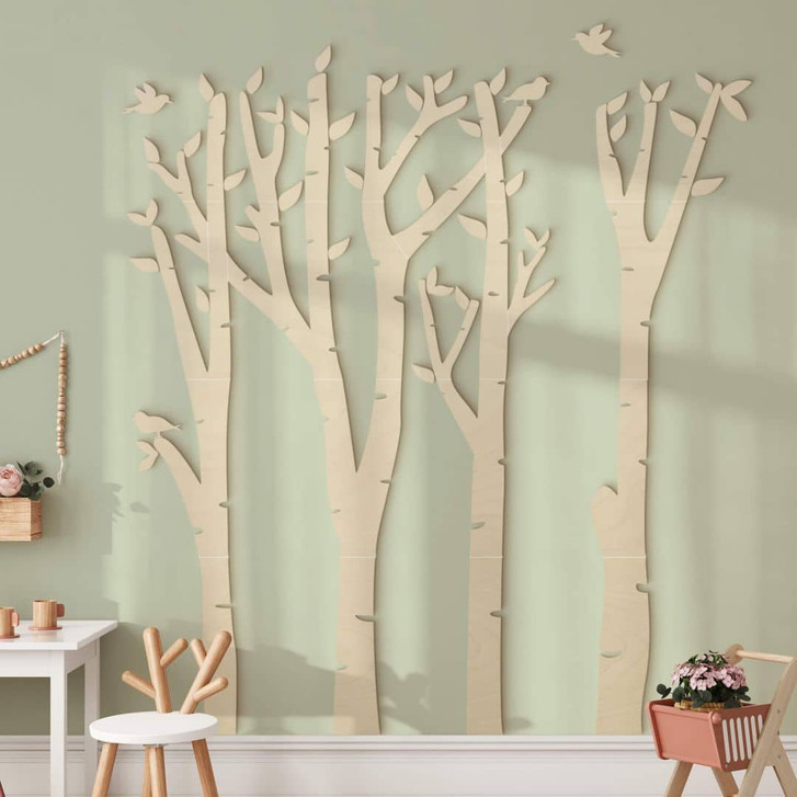 XXL Holz-Wandpaneel Birken-Baum - Wald mit Vögeln - Pappel - WA401902