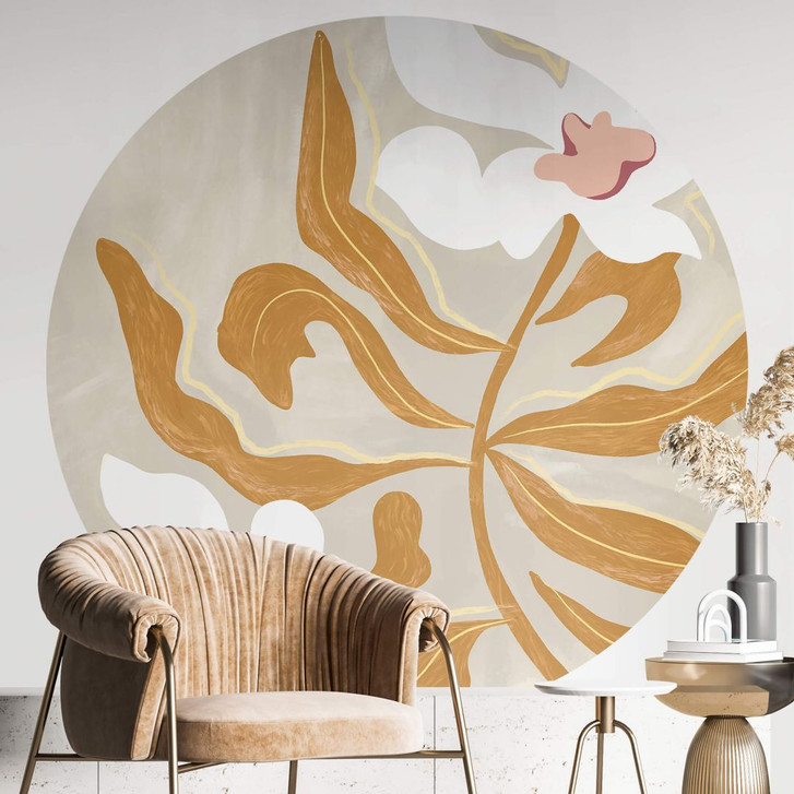 Blumen Fototapete - Weisse Blüte und goldene Blätter Rund - Arty Guava - Selbstklebend/Vlies - WA399275