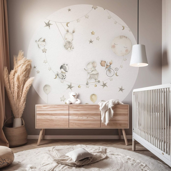 Kinderzimmer-Fototapete Oliver Robins - Fröhliche Tiere mit Sternenhimmel - Rund - Selbstklebend/Vlies - WA469860
