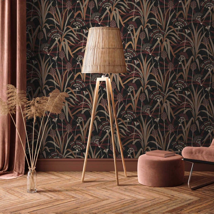 Pflanzen-Tapete in Schwarz Rot Braun – Vliestapete mit exotischem Blättermuster - WA457019