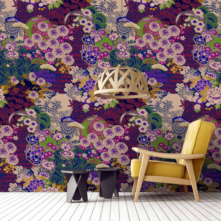 Fototapete Blüten - Lila und Gold auf Nachtblau - Vlies Blumentapete - WA386151