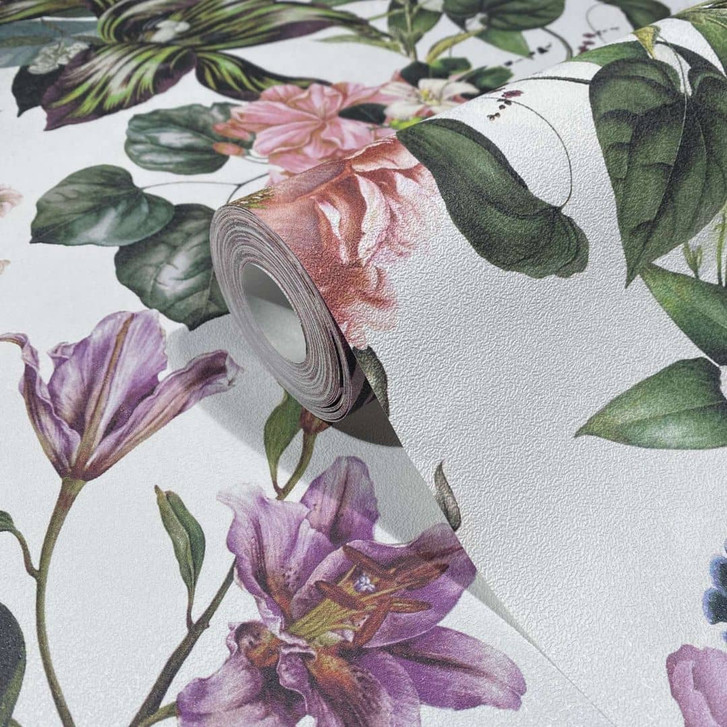 Vliestapete mit Blumenmotiv und Blättern weiss, rosa Floral - WA445793