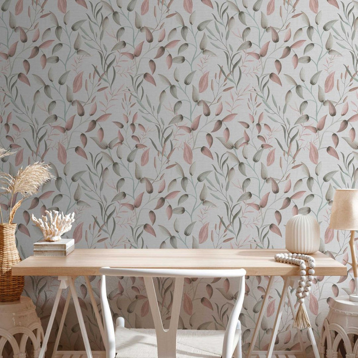 Florale Tapete Blätter Aquarell - Vliestapete in Rosa Grün Beige - Pflanzen-Tapete - WA458790