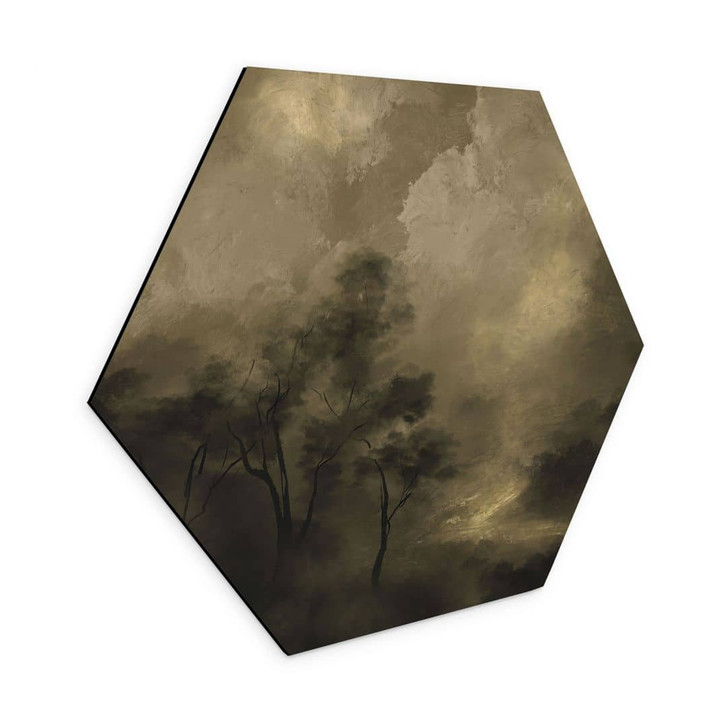 Hexagon Wandbild Bäume im Nebel der Dämmerung - Hobday - Alu-Dibond - WA456509