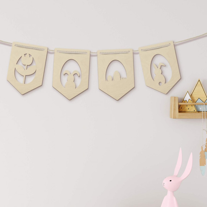 Holzdeko Pappel - Wimpelkette Ostern (4er-Set) inkl. Baumwollseil - WA333491