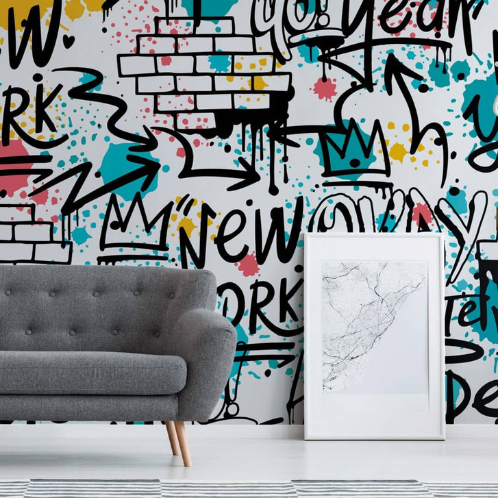 Fototapete Graffiti Streetart Bunt Weiss 3.75 x 2.50 m - Jugendzimmer Tapete New York - WA504999