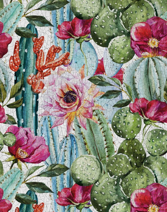 Fototapete Motivtapete Kaktus und Blüten Aquarell in Grün und Pink mit Mexiko Boho 2.7 x 2.12 m - WA505205