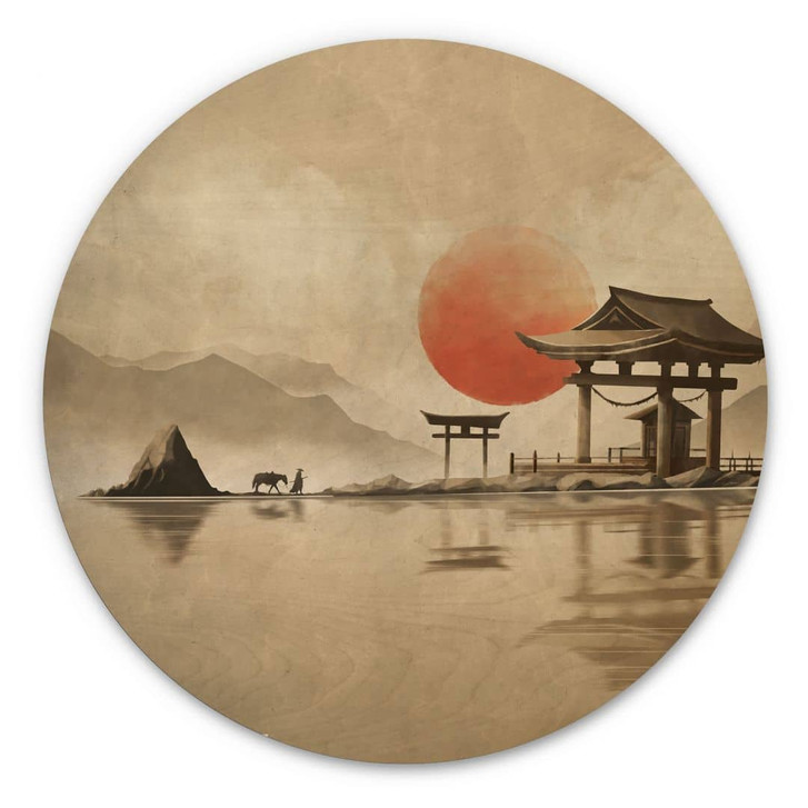 Holzbild Japanischer Tempel im Sonnenaufgang - Roze - Rund - WA443787