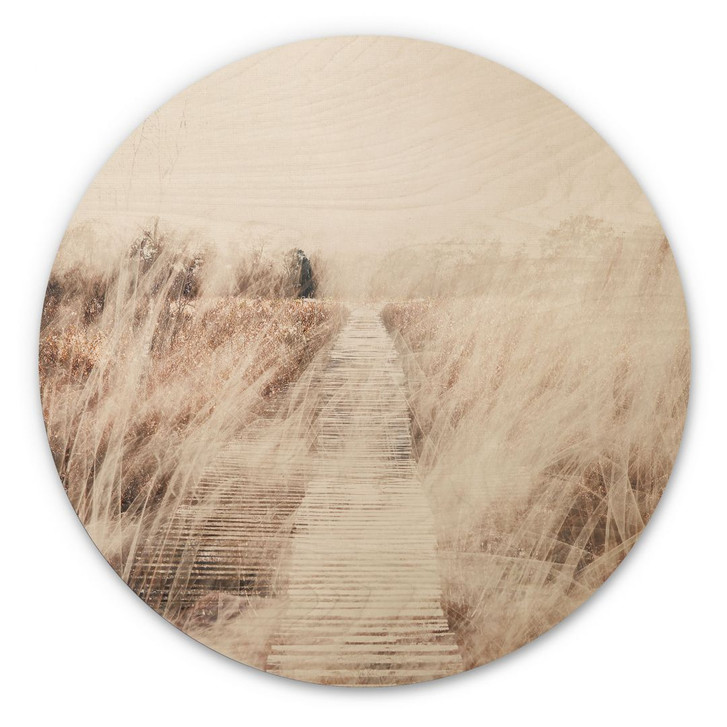 Holzbild Verträumte Landschaft mit Holzsteg - Imaginative - Rund - WA400715