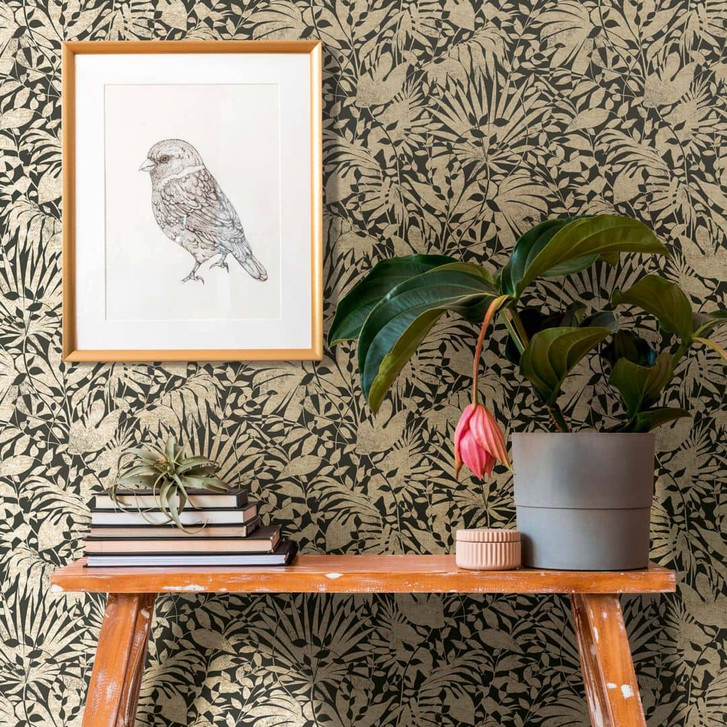 Vliestapete Gold Schwarz Metallic Tapete Vlies Blätter Mustertapete Schlafzimmer - WA382672