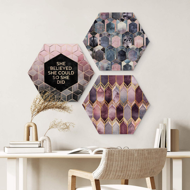 Wandbild Set Fredriksson - Geometrie in Violett und Gold - Alu-Dibond Hexagon (3-teilig) - WA383166