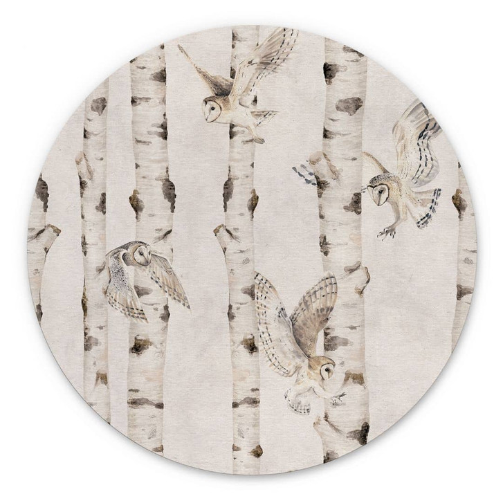 Rundes Wandbild Belle Eulen im Birkenwald - Alu-Dibond - Kikki Belle - WA431666