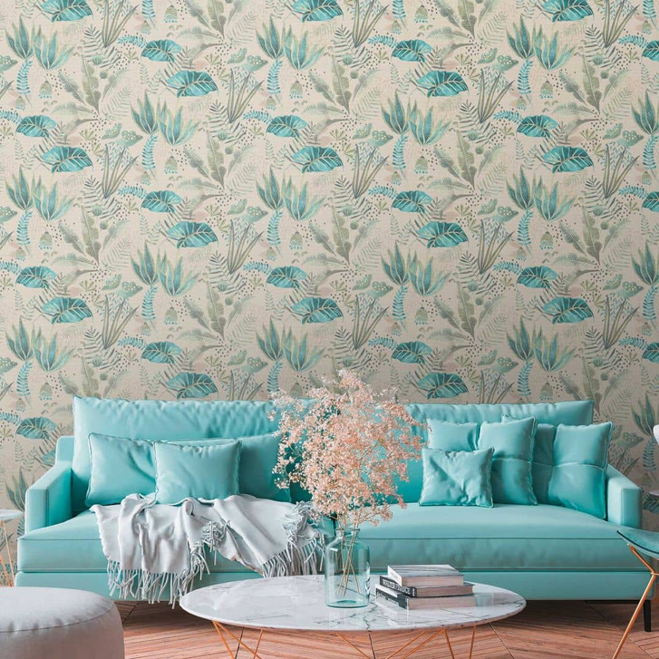 Florale Mustertapete mit gemischten Blättern Bunt - Blumen-Tapete Beige Grün - WA396649