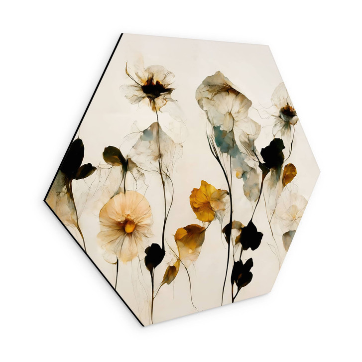 Hexagon Wandbild Filigrane Trockenblumen in Naturtönen - Treechild - Alu-Dibond - WA513529