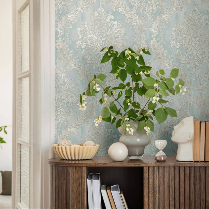 Barock-Tapete Hellblau Silber - Vliestapete mit Ornament-Muster - Elegante Mustertapete - WA480171