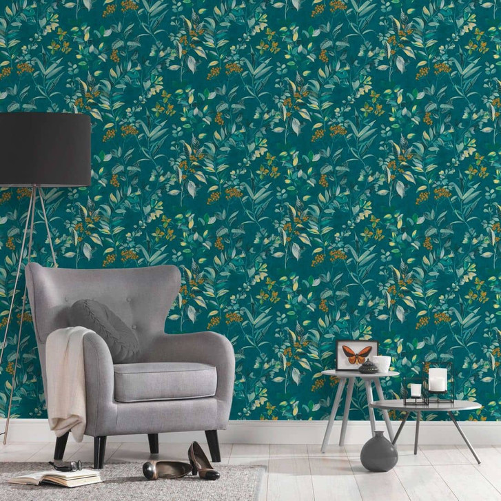 Blumen-Tapete mit Blüten Blau bunt - Vliestapete floral Aquarell-Stil - WA396438