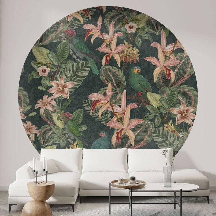 Fototapete Dschungel mit Papageien Nachtgrün - Bloomery Decor - Rund - Selbstklebend/Vlies - WA485378