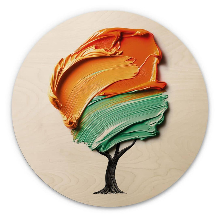 Holzbild Baum mit oranger und grüner 3D-Krone - Mielu - Rund - WA459589