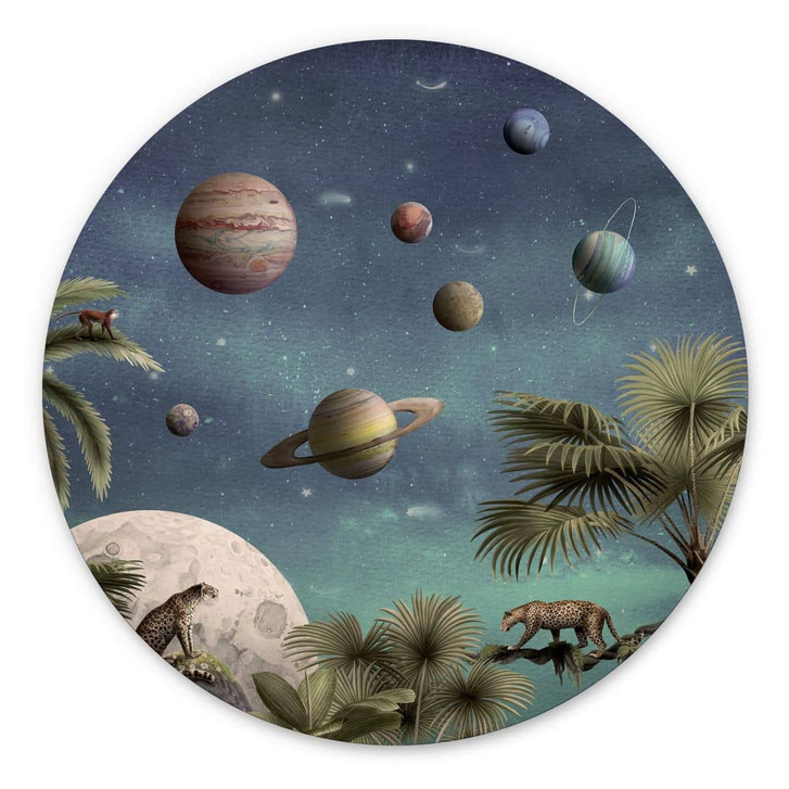 Rundes Wandbild Kikki Belle - Tropische Fantasiewelt mit Planeten und Palmen - Alu-Dibond - WA394586
