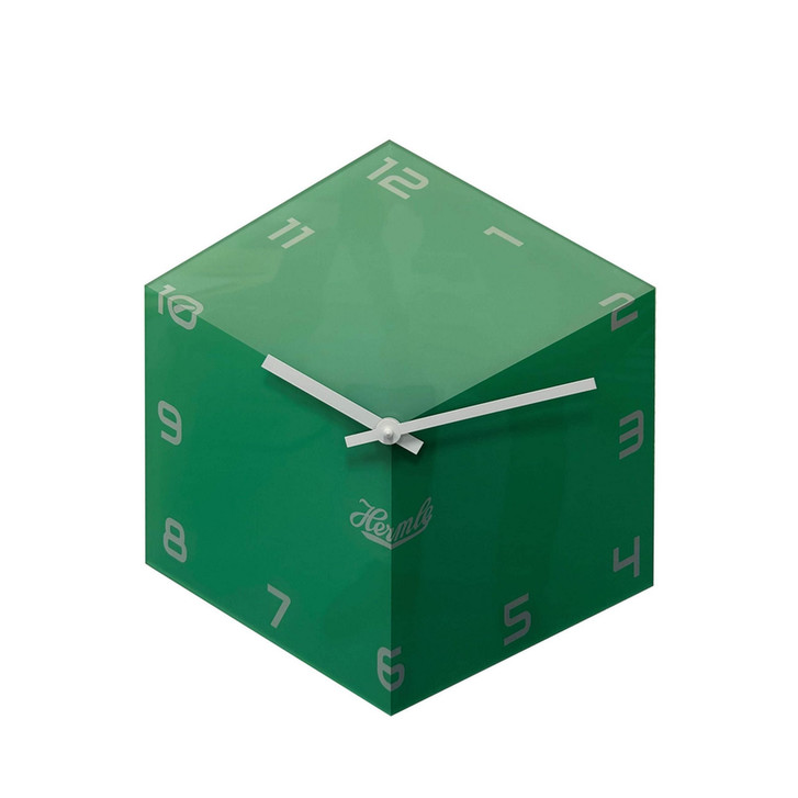 Sechseckuhr 3-D Würfel Grün mit weissen arabische Zahlen Logo Hermle und MIG - UG100004