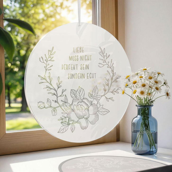 Spruch Acrylglasbild, Fensterbild zum Aufhängen Liebe muss nicht perfekt sondern echt sein - Rund - WA491307