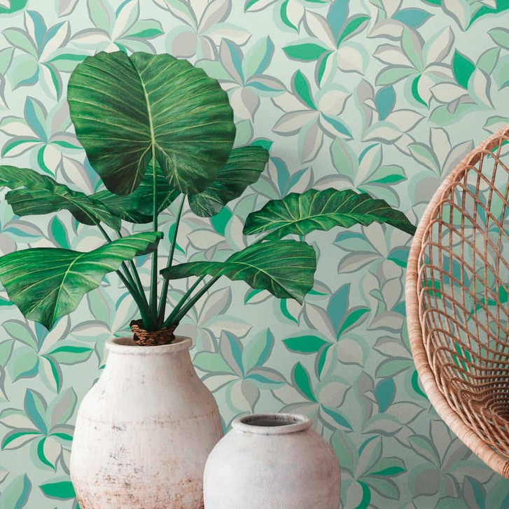 Naturtapete Hawaii Grün Weiss - Vliestapete Design - Blumentapete Floral - WA506469