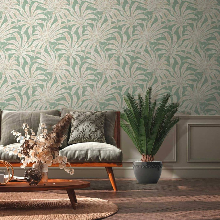 Dschungel-Tapete leicht glänzend Grün Silber - Mustertapete mit Pflanzen - WA396805
