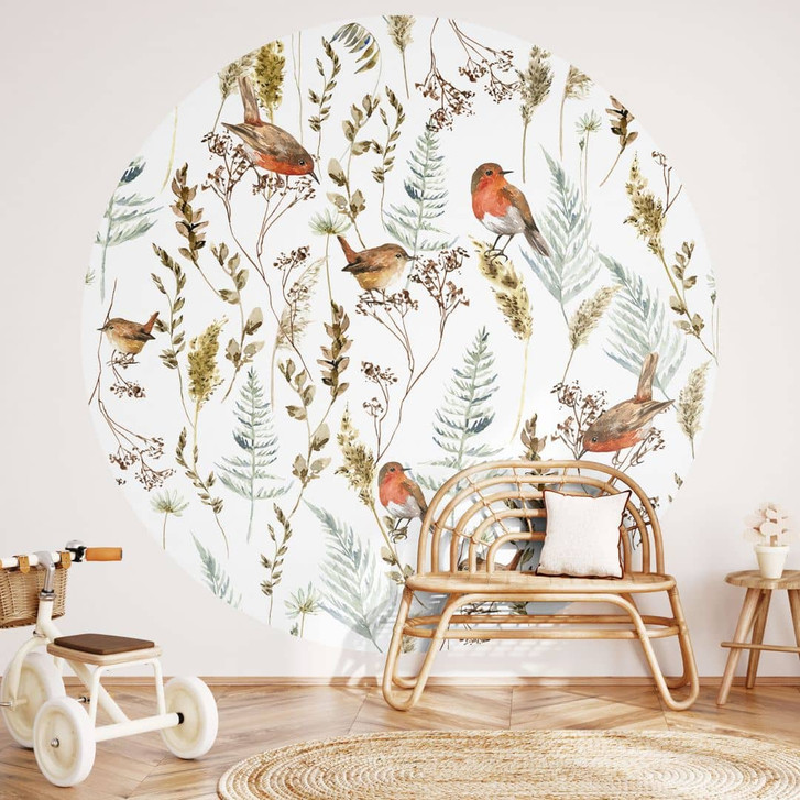 Fototapete Spatzen und Rotkehlchen - Vogeltapete - UN Designs - Rund - Selbstklebend/Vlies - WA470153