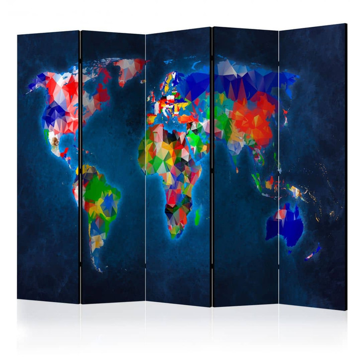 Paravent, Raumteiler freistehend, Trennwand - Bunte Weltkarte, 5-teilig - 225 x 172 cm - WA454765