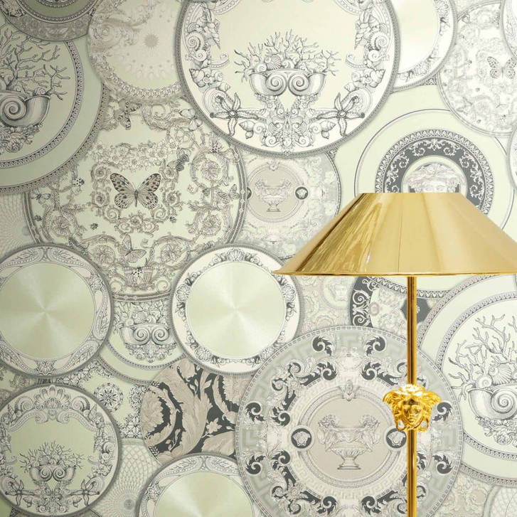 Versace Vliestapete Art De La Table Kreise Mäander Medusa Grün Grau Metallic - WA506927