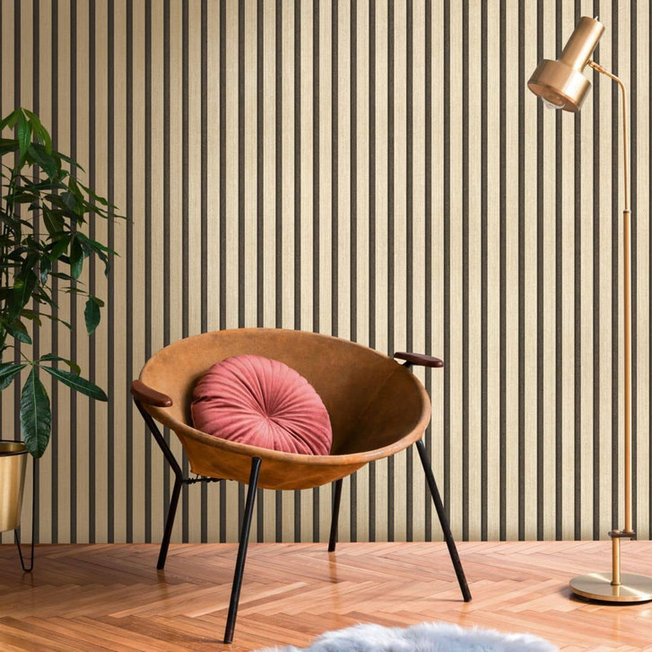 Vliestapete in Gold Metallic Schwarz – Skandinavische Holz-Akustikpaneel Optik Luxus-Tapete - WA431706