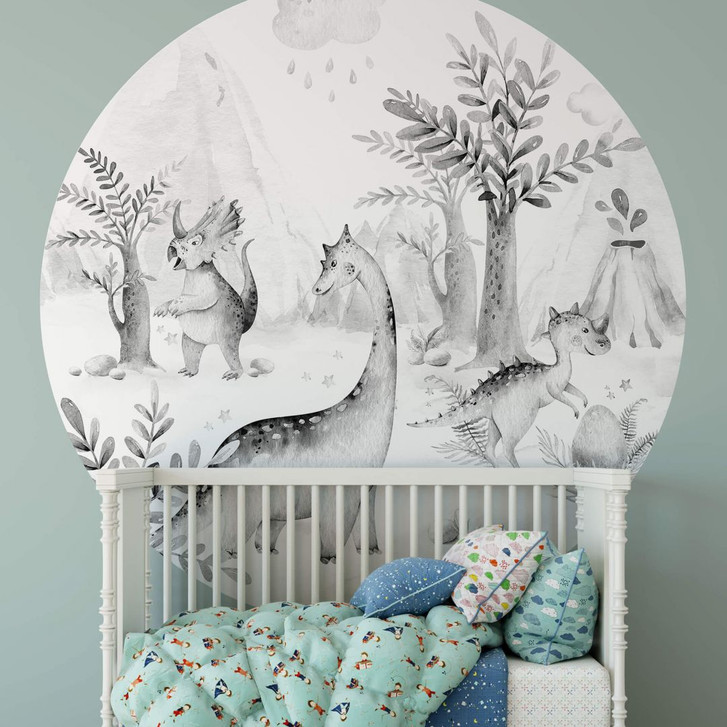 Fototapete Kvilis - Welt der Dinos - schwarz-weiss - Rund - Selbstklebend/Vlies - WA302150