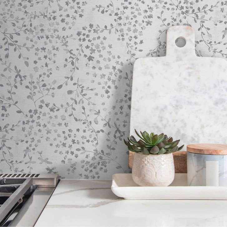 Florale Tapete Blätterranken Aquarell - Vliestapete in Grau Weiss - Elegante Mustertapete - WA465205