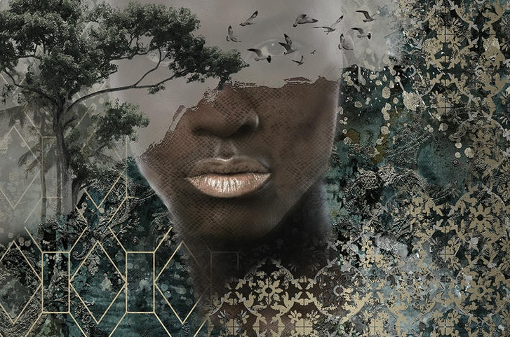 Fototapete Motivtapete Surreales Gesicht im Regen mit Wald- und Vogel-Silhouette 2.70 x 4.08m - WA505140