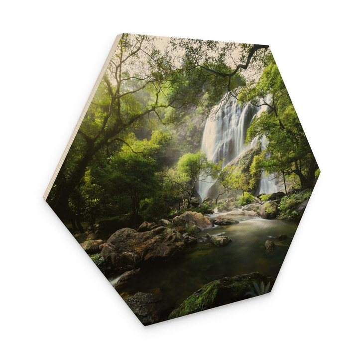 Hexagon Holzbild Wasserfall im Wald - Foto - WA400307