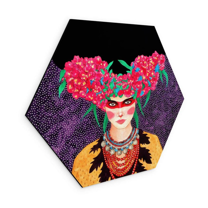 Hexagon Wandbild Frau mit Blütenkranz und Stärke - Hülya - Alu-Dibond - WA492276
