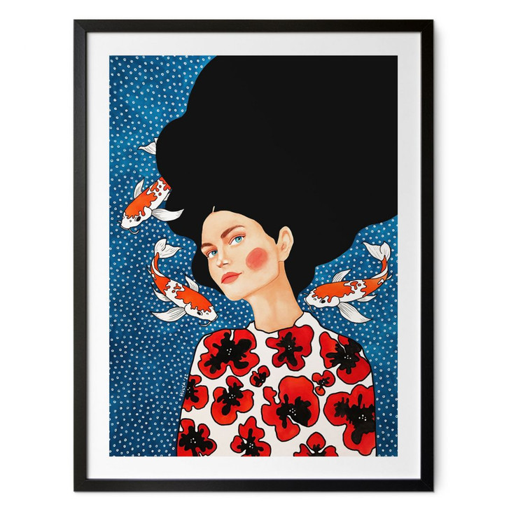 Poster Frau im Blütenkleid mit Kois - Hülya - WA498945